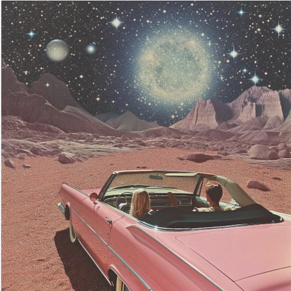 Pink Vintage Car In Space Collage Art 2 - Poster / Art Print