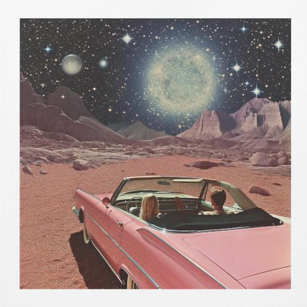 Pink Vintage Car In Space Collage Art 2 - Poster / Art Print