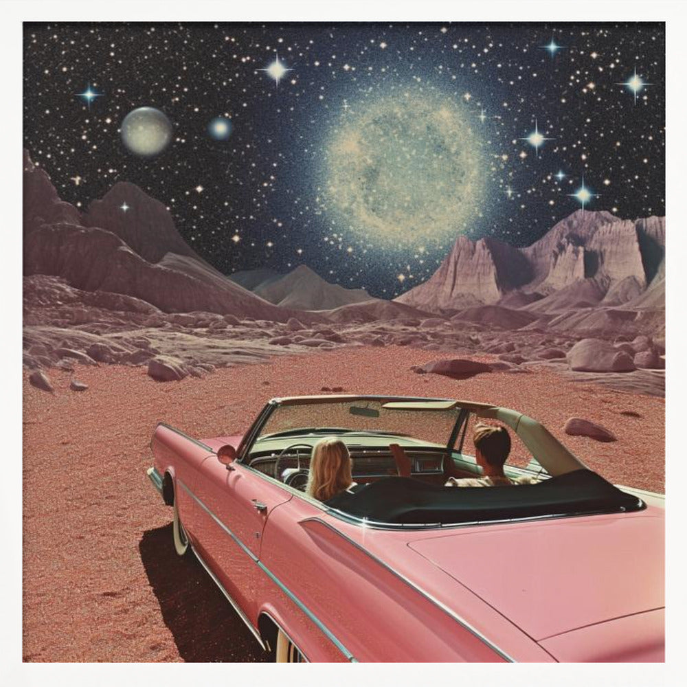 Pink Vintage Car In Space Collage Art 2 - Poster / Art Print