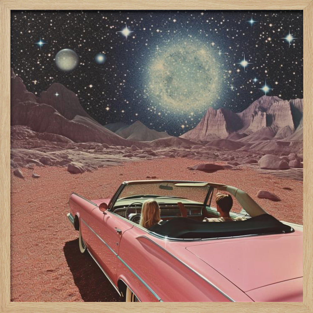 Pink Vintage Car In Space Collage Art 2 - Poster / Art Print