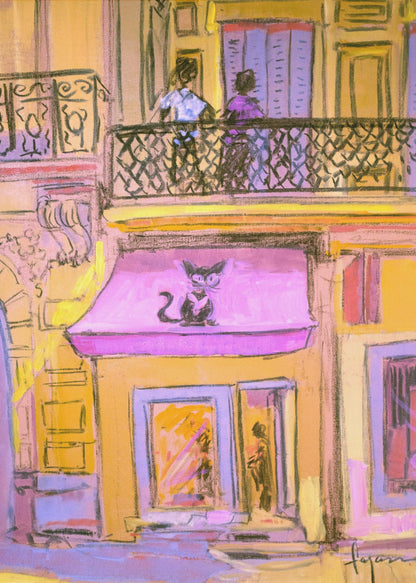 An impressionistic painting of a city street scene with a warm, yellow building. A stylized black cat with large eyes sits on a bright pink awning above a shop window. On the balcony above, two figures stand behind a black wrought-iron railing. Artwork