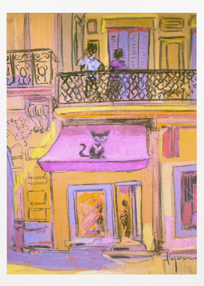 An impressionistic painting of a city street scene with a warm, yellow building. A stylized black cat with large eyes sits on a bright pink awning above a shop window. On the balcony above, two figures stand behind a black wrought-iron railing. Artwork