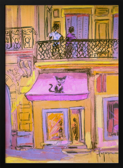 An impressionistic painting of a city street scene with a warm, yellow building. A stylized black cat with large eyes sits on a bright pink awning above a shop window. On the balcony above, two figures stand behind a black wrought-iron railing. Artwork