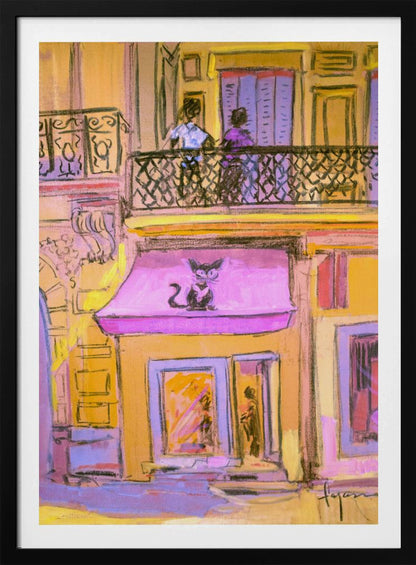 An impressionistic painting of a city street scene with a warm, yellow building. A stylized black cat with large eyes sits on a bright pink awning above a shop window. On the balcony above, two figures stand behind a black wrought-iron railing. Artwork