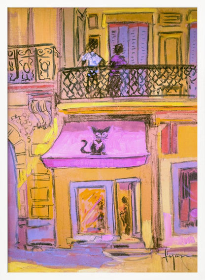 An impressionistic painting of a city street scene with a warm, yellow building. A stylized black cat with large eyes sits on a bright pink awning above a shop window. On the balcony above, two figures stand behind a black wrought-iron railing. Artwork