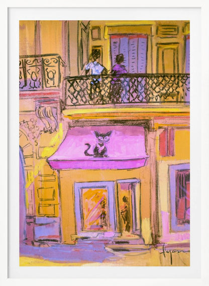 An impressionistic painting of a city street scene with a warm, yellow building. A stylized black cat with large eyes sits on a bright pink awning above a shop window. On the balcony above, two figures stand behind a black wrought-iron railing. Artwork