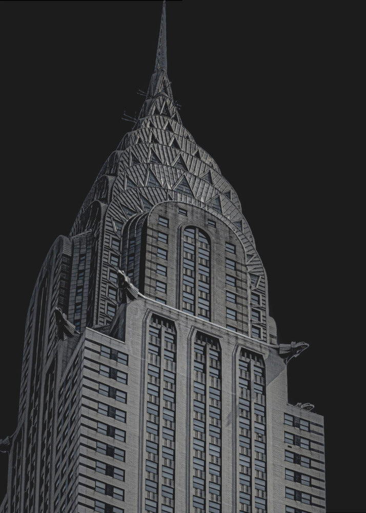 A dramatic, low-angle, black and white photograph of the top of the Chrysler Building, showcasing its iconic Art Deco spire and architectural details against a solid black background. Decor