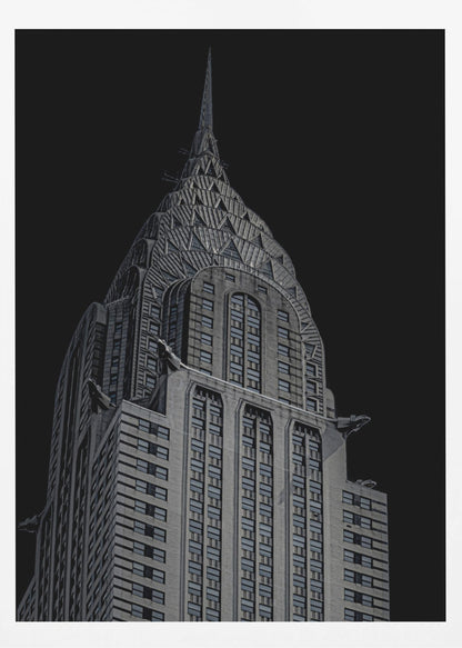 A dramatic, low-angle, black and white photograph of the top of the Chrysler Building, showcasing its iconic Art Deco spire and architectural details against a solid black background. Decor