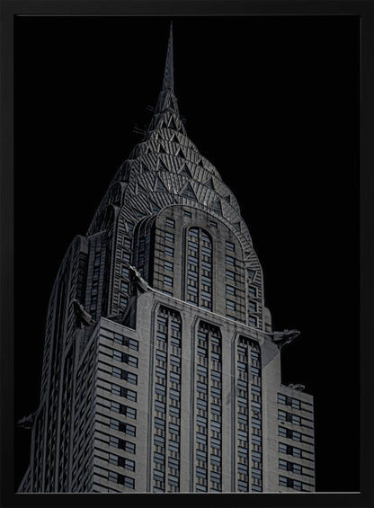 A dramatic, low-angle, black and white photograph of the top of the Chrysler Building, showcasing its iconic Art Deco spire and architectural details against a solid black background. Decor