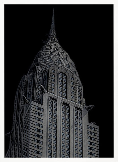 A dramatic, low-angle, black and white photograph of the top of the Chrysler Building, showcasing its iconic Art Deco spire and architectural details against a solid black background. Decor