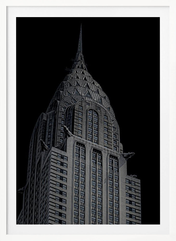 A dramatic, low-angle, black and white photograph of the top of the Chrysler Building, showcasing its iconic Art Deco spire and architectural details against a solid black background. Decor