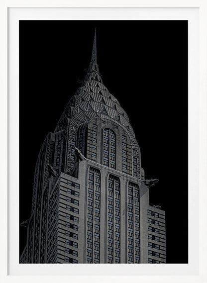 A dramatic, low-angle, black and white photograph of the top of the Chrysler Building, showcasing its iconic Art Deco spire and architectural details against a solid black background. Decor