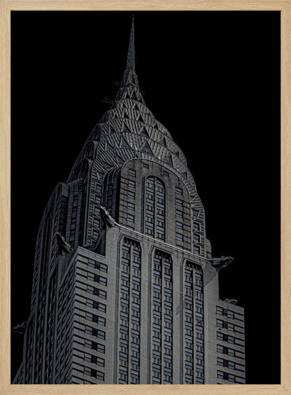A dramatic, low-angle, black and white photograph of the top of the Chrysler Building, showcasing its iconic Art Deco spire and architectural details against a solid black background. Decor