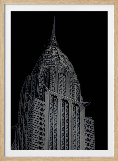 A dramatic, low-angle, black and white photograph of the top of the Chrysler Building, showcasing its iconic Art Deco spire and architectural details against a solid black background. Decor
