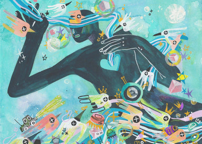A vibrant abstract painting featuring a dark silhouette of a person against a turquoise background. The figure is surrounded by a chaotic explosion of colorful shapes, including stylized birds, stars, crowns, and geometric forms, creating a dynamic and dreamlike scene. Poster