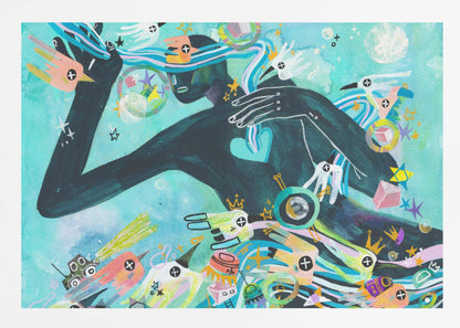A vibrant abstract painting featuring a dark silhouette of a person against a turquoise background. The figure is surrounded by a chaotic explosion of colorful shapes, including stylized birds, stars, crowns, and geometric forms, creating a dynamic and dreamlike scene. Poster