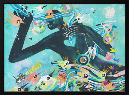 A vibrant abstract painting featuring a dark silhouette of a person against a turquoise background. The figure is surrounded by a chaotic explosion of colorful shapes, including stylized birds, stars, crowns, and geometric forms, creating a dynamic and dreamlike scene. Poster