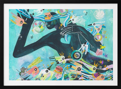 A vibrant abstract painting featuring a dark silhouette of a person against a turquoise background. The figure is surrounded by a chaotic explosion of colorful shapes, including stylized birds, stars, crowns, and geometric forms, creating a dynamic and dreamlike scene. Poster