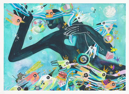 A vibrant abstract painting featuring a dark silhouette of a person against a turquoise background. The figure is surrounded by a chaotic explosion of colorful shapes, including stylized birds, stars, crowns, and geometric forms, creating a dynamic and dreamlike scene. Poster