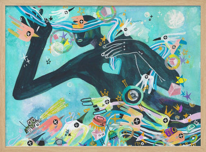 A vibrant abstract painting featuring a dark silhouette of a person against a turquoise background. The figure is surrounded by a chaotic explosion of colorful shapes, including stylized birds, stars, crowns, and geometric forms, creating a dynamic and dreamlike scene. Poster