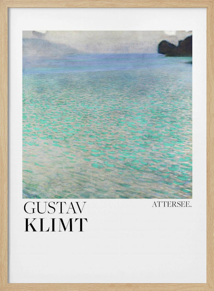 A poster of Gustav Klimt's painting 'Attersee', featuring a tranquil, impressionistic view of a lake with shimmering turquoise and green water under a muted blue and gray sky. The artwork is presented in a modern format with the artist's name and the painting's title below, all within a thin black frame. Poster