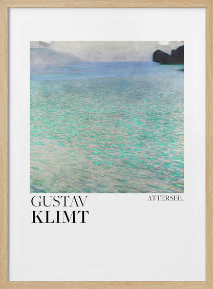 A poster of Gustav Klimt's painting 'Attersee', featuring a tranquil, impressionistic view of a lake with shimmering turquoise and green water under a muted blue and gray sky. The artwork is presented in a modern format with the artist's name and the painting's title below, all within a thin black frame. Poster