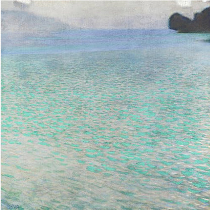 An impressionist painting by Gustav Klimt, in a light wood frame, depicting a serene body of water. The surface shimmers with countless dabs of bright turquoise and light blue paint, creating a textured, sparkling effect. In the distance, a hazy shoreline sits under a muted, overcast sky. Decor