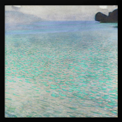 An impressionist painting by Gustav Klimt, in a light wood frame, depicting a serene body of water. The surface shimmers with countless dabs of bright turquoise and light blue paint, creating a textured, sparkling effect. In the distance, a hazy shoreline sits under a muted, overcast sky. Decor