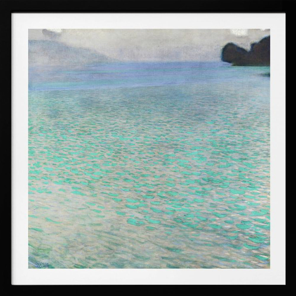 An impressionist painting by Gustav Klimt, in a light wood frame, depicting a serene body of water. The surface shimmers with countless dabs of bright turquoise and light blue paint, creating a textured, sparkling effect. In the distance, a hazy shoreline sits under a muted, overcast sky. Decor