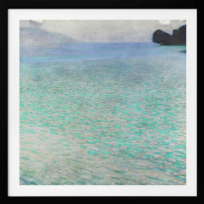 An impressionist painting by Gustav Klimt, in a light wood frame, depicting a serene body of water. The surface shimmers with countless dabs of bright turquoise and light blue paint, creating a textured, sparkling effect. In the distance, a hazy shoreline sits under a muted, overcast sky. Decor
