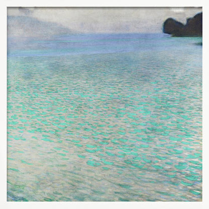 An impressionist painting by Gustav Klimt, in a light wood frame, depicting a serene body of water. The surface shimmers with countless dabs of bright turquoise and light blue paint, creating a textured, sparkling effect. In the distance, a hazy shoreline sits under a muted, overcast sky. Decor