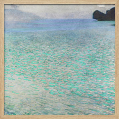 An impressionist painting by Gustav Klimt, in a light wood frame, depicting a serene body of water. The surface shimmers with countless dabs of bright turquoise and light blue paint, creating a textured, sparkling effect. In the distance, a hazy shoreline sits under a muted, overcast sky. Decor