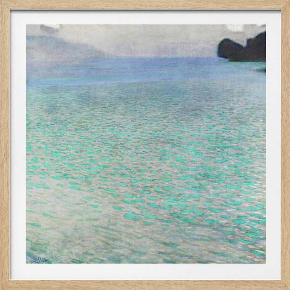 An impressionist painting by Gustav Klimt, in a light wood frame, depicting a serene body of water. The surface shimmers with countless dabs of bright turquoise and light blue paint, creating a textured, sparkling effect. In the distance, a hazy shoreline sits under a muted, overcast sky. Decor