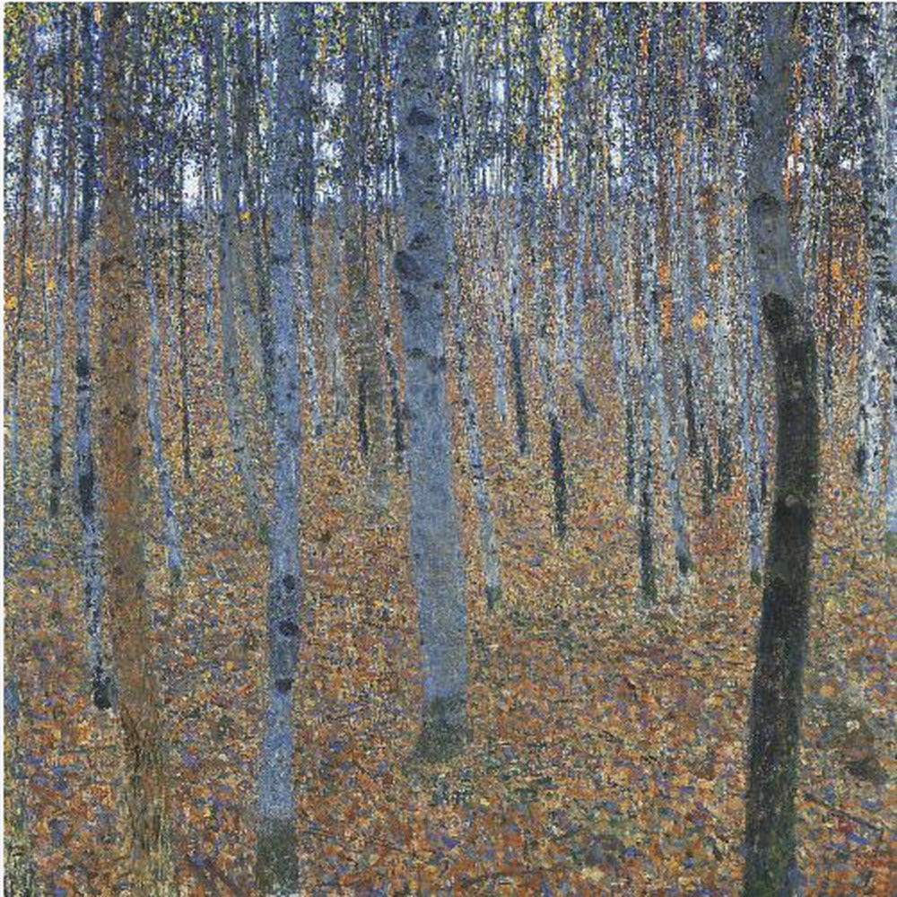 A framed impressionist-style painting of a dense birch forest. The ground is a mosaic of warm orange and brown autumn leaves, contrasting with the cool blue and gray tones of the slender tree trunks that fill the canvas. Print
