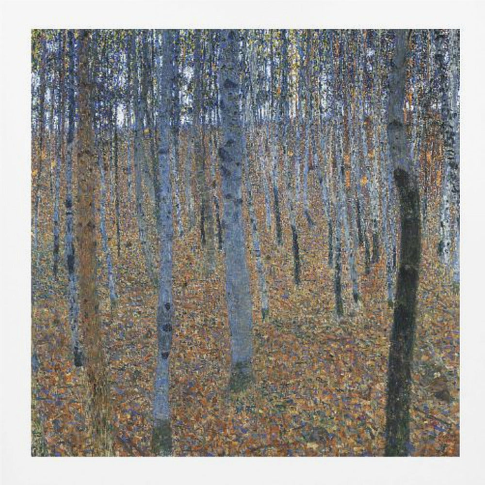 A framed impressionist-style painting of a dense birch forest. The ground is a mosaic of warm orange and brown autumn leaves, contrasting with the cool blue and gray tones of the slender tree trunks that fill the canvas. Print