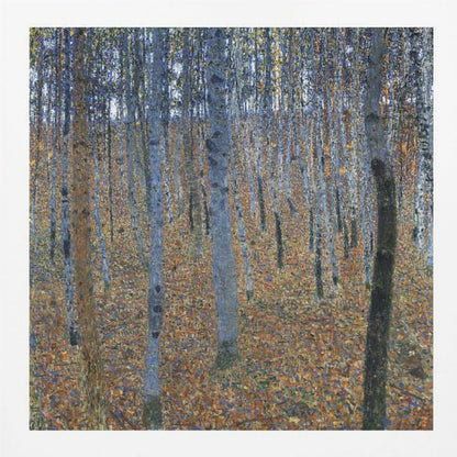 A framed impressionist-style painting of a dense birch forest. The ground is a mosaic of warm orange and brown autumn leaves, contrasting with the cool blue and gray tones of the slender tree trunks that fill the canvas. Print