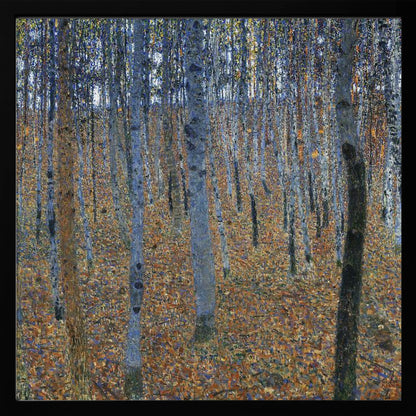 A framed impressionist-style painting of a dense birch forest. The ground is a mosaic of warm orange and brown autumn leaves, contrasting with the cool blue and gray tones of the slender tree trunks that fill the canvas. Print