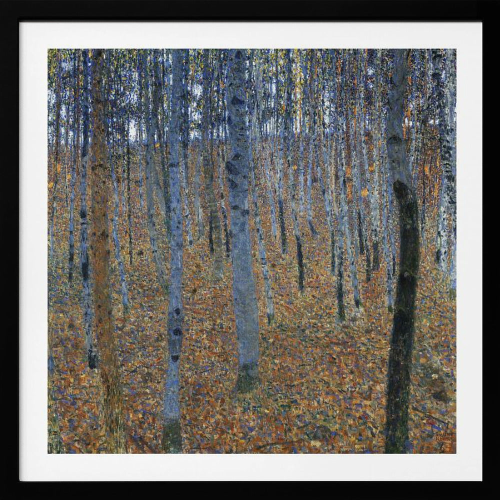 A framed impressionist-style painting of a dense birch forest. The ground is a mosaic of warm orange and brown autumn leaves, contrasting with the cool blue and gray tones of the slender tree trunks that fill the canvas. Print