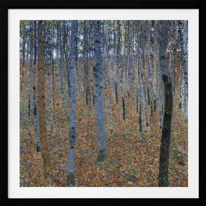 A framed impressionist-style painting of a dense birch forest. The ground is a mosaic of warm orange and brown autumn leaves, contrasting with the cool blue and gray tones of the slender tree trunks that fill the canvas. Print