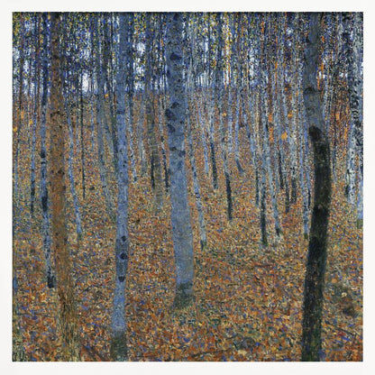A framed impressionist-style painting of a dense birch forest. The ground is a mosaic of warm orange and brown autumn leaves, contrasting with the cool blue and gray tones of the slender tree trunks that fill the canvas. Print