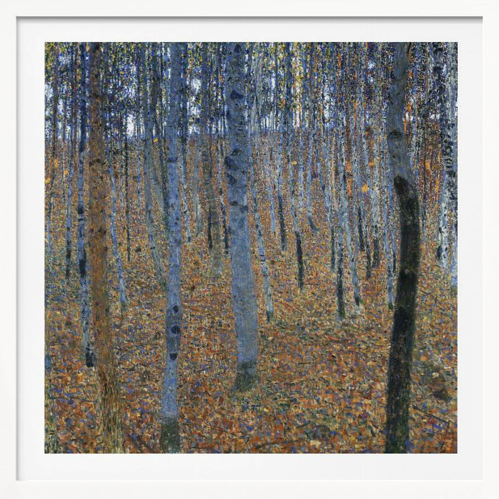A framed impressionist-style painting of a dense birch forest. The ground is a mosaic of warm orange and brown autumn leaves, contrasting with the cool blue and gray tones of the slender tree trunks that fill the canvas. Print