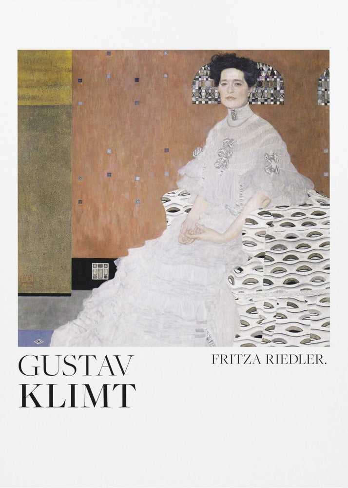 A framed art print of Gustav Klimt's 1906 painting, 'Portrait of Fritza Riedler'. A woman with dark, upswept hair wearing a detailed, high-necked white gown sits in a patterned chair against a warm, textured brown and gold background. Below the artwork, on a white border, the text 'GUSTAV KLIMT' and 'FRITZA RIEDLER.' is printed. Print