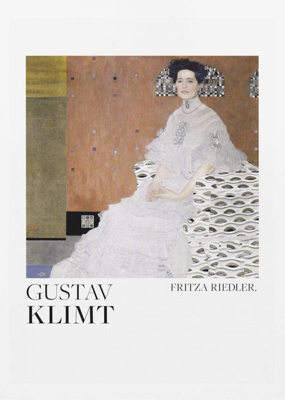 A framed art print of Gustav Klimt's 1906 painting, 'Portrait of Fritza Riedler'. A woman with dark, upswept hair wearing a detailed, high-necked white gown sits in a patterned chair against a warm, textured brown and gold background. Below the artwork, on a white border, the text 'GUSTAV KLIMT' and 'FRITZA RIEDLER.' is printed. Print
