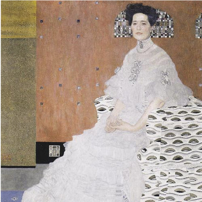 A framed print of Gustav Klimt's 'Portrait of Fritza Riedler'. A woman with dark upswept hair wearing a flowing white gown sits in a patterned armchair against a geometric, earth-toned background. Decor