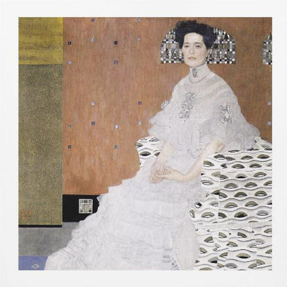 A framed print of Gustav Klimt's 'Portrait of Fritza Riedler'. A woman with dark upswept hair wearing a flowing white gown sits in a patterned armchair against a geometric, earth-toned background. Decor