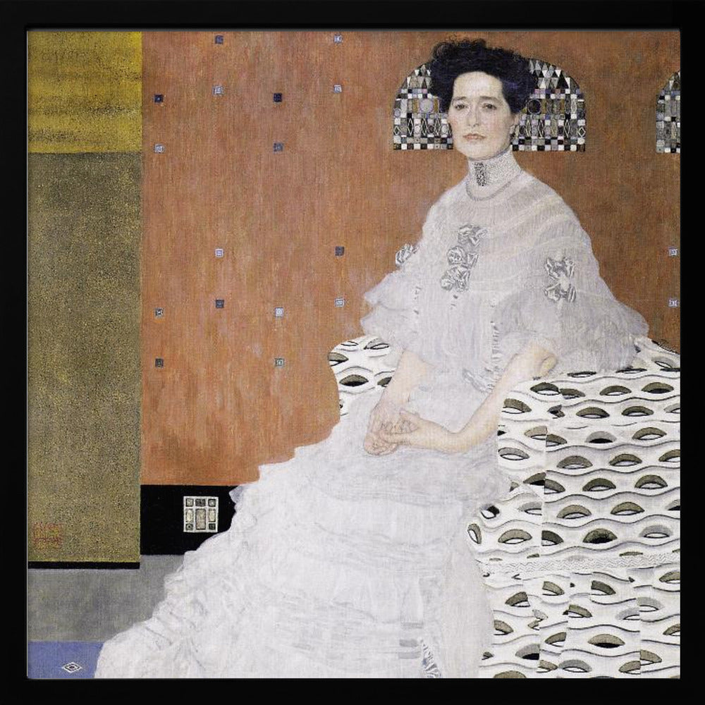 A framed print of Gustav Klimt's 'Portrait of Fritza Riedler'. A woman with dark upswept hair wearing a flowing white gown sits in a patterned armchair against a geometric, earth-toned background. Decor