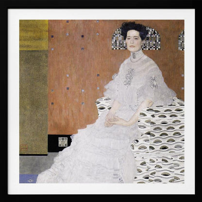 A framed print of Gustav Klimt's 'Portrait of Fritza Riedler'. A woman with dark upswept hair wearing a flowing white gown sits in a patterned armchair against a geometric, earth-toned background. Decor