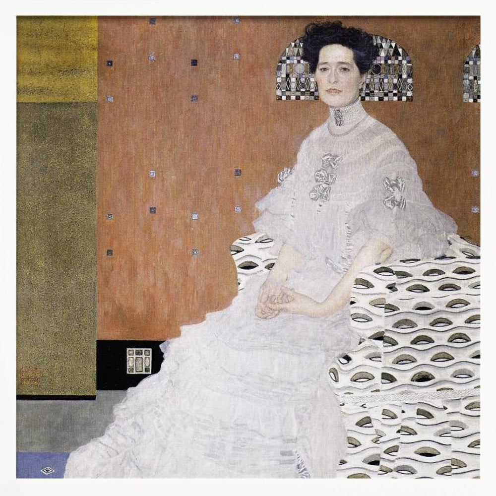 A framed print of Gustav Klimt's 'Portrait of Fritza Riedler'. A woman with dark upswept hair wearing a flowing white gown sits in a patterned armchair against a geometric, earth-toned background. Decor