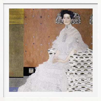 A framed print of Gustav Klimt's 'Portrait of Fritza Riedler'. A woman with dark upswept hair wearing a flowing white gown sits in a patterned armchair against a geometric, earth-toned background. Decor