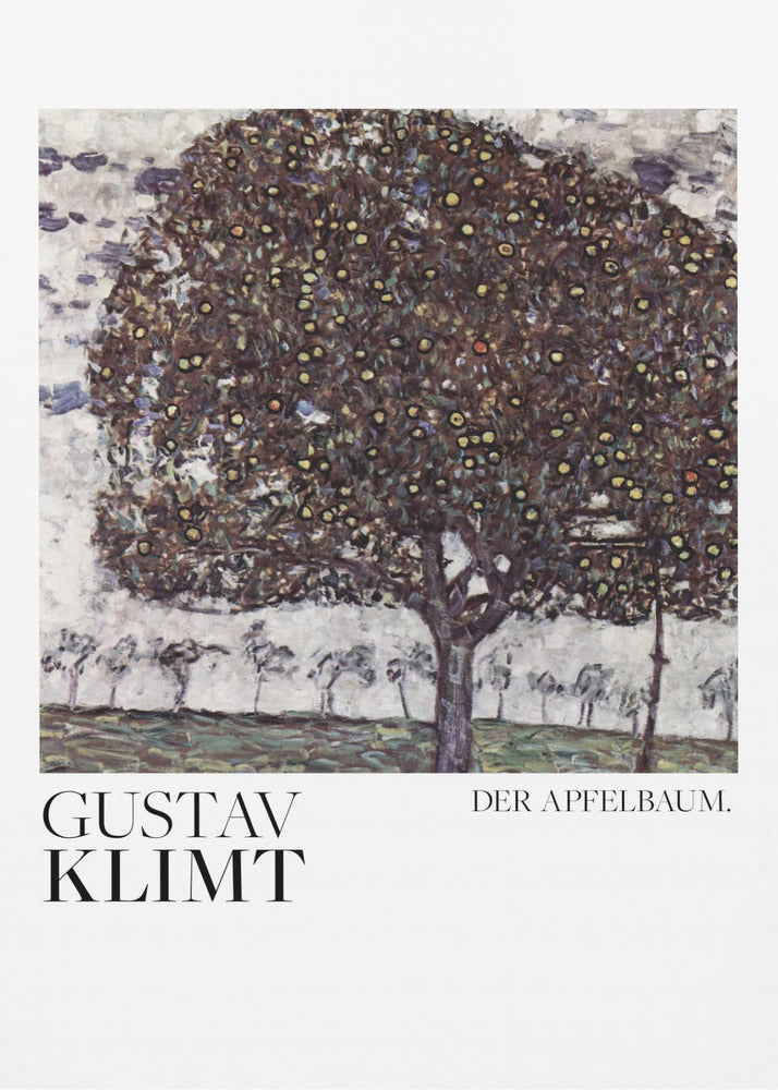 A framed art print of Gustav Klimt's painting 'Der Apfelbaum' (The Apple Tree). The impressionist-style painting depicts a large, full apple tree with a dark, textured canopy dotted with small yellow apples, set against a pale sky and a green meadow. Artwork